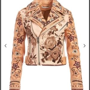Alice + Olivia Embroidered Leather Moto Jacket.